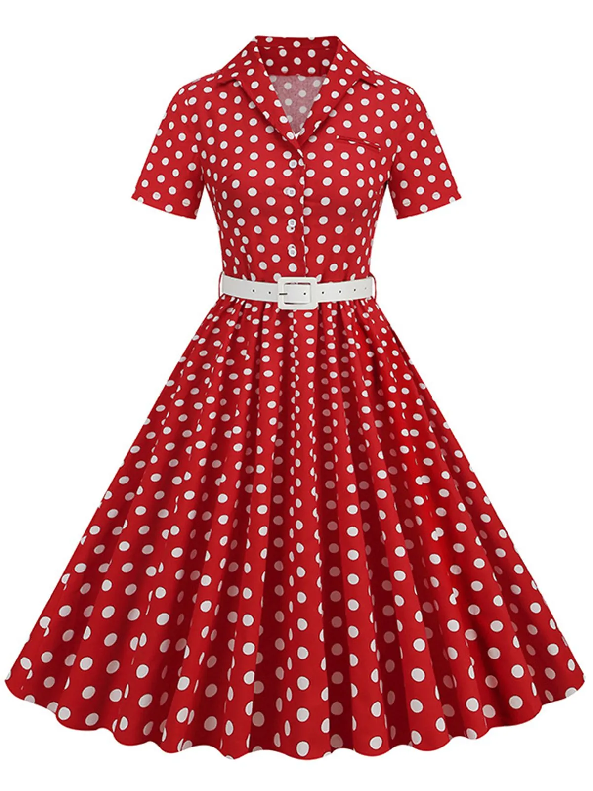 1950s Polka Dots Lapel Belted Dress