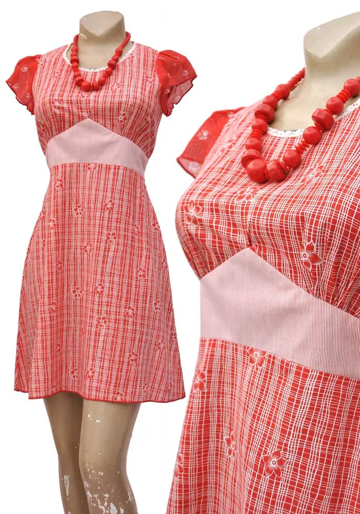 1960s Vintage 60s Red Floral Cotton Mini Dress • Baby Doll • Scooter Dress • Jo Lyne of California