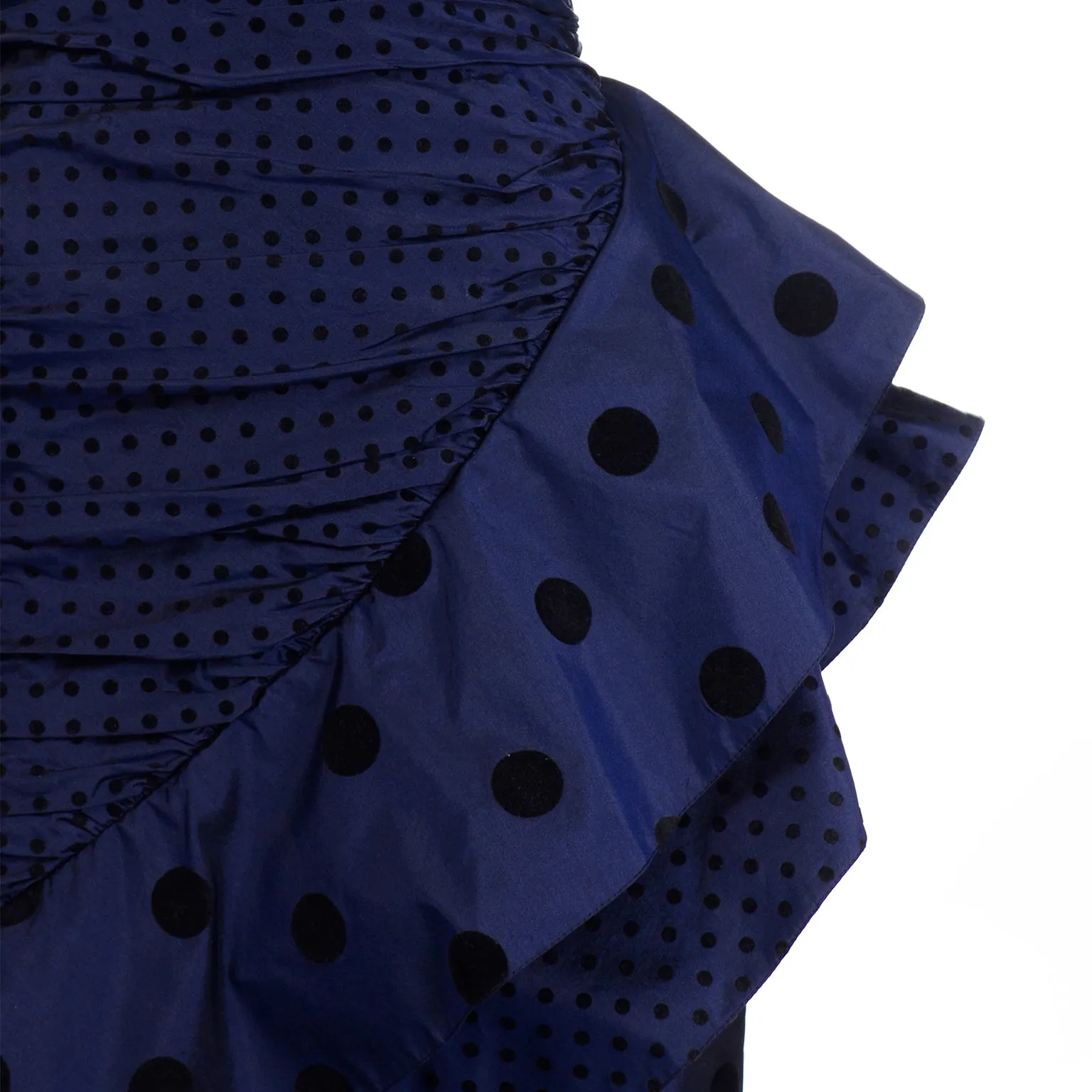 1980s Louis Feraud Blue Polka Dot Strapless Silk Evening Dress