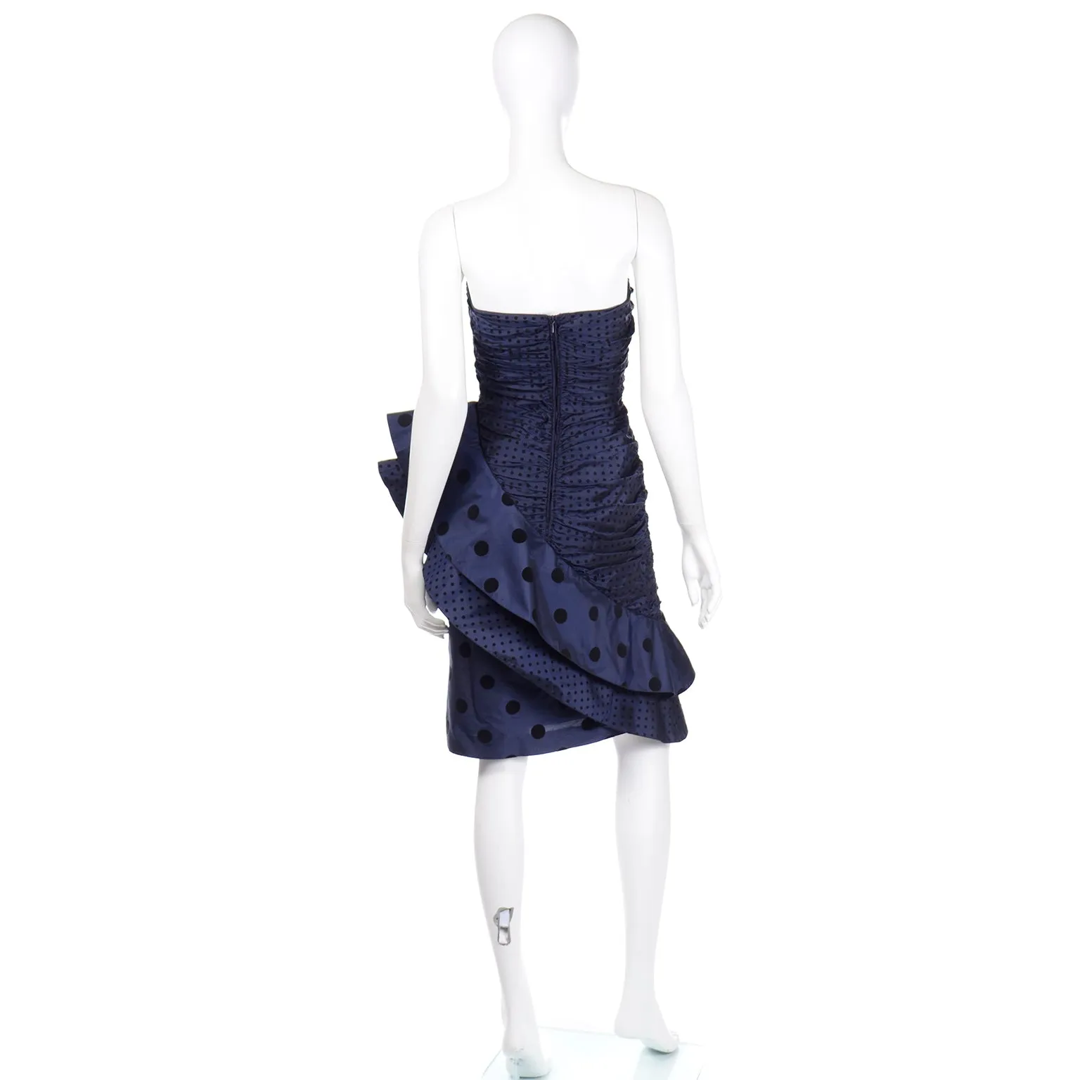1980s Louis Feraud Blue Polka Dot Strapless Silk Evening Dress