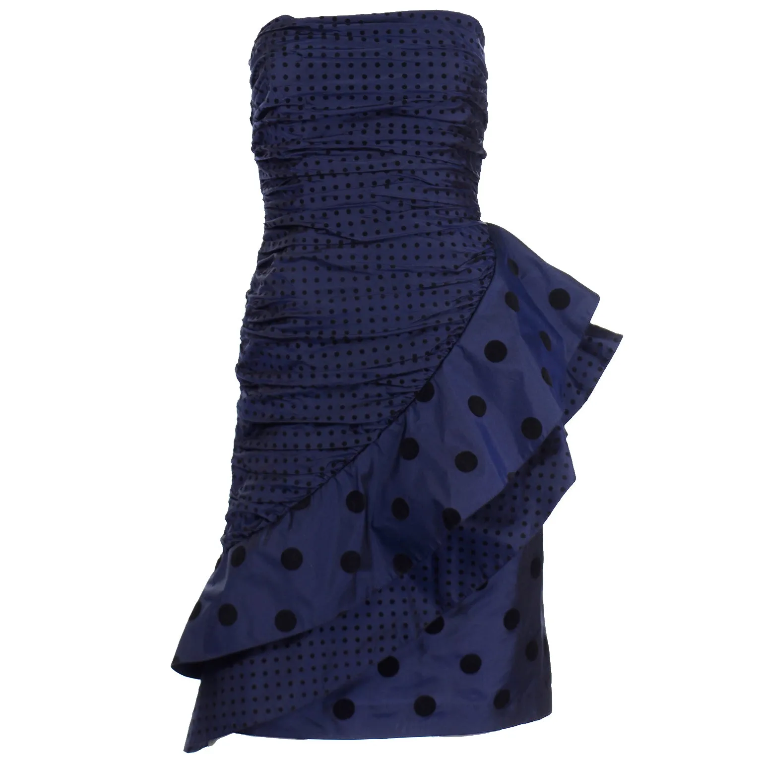 1980s Louis Feraud Blue Polka Dot Strapless Silk Evening Dress