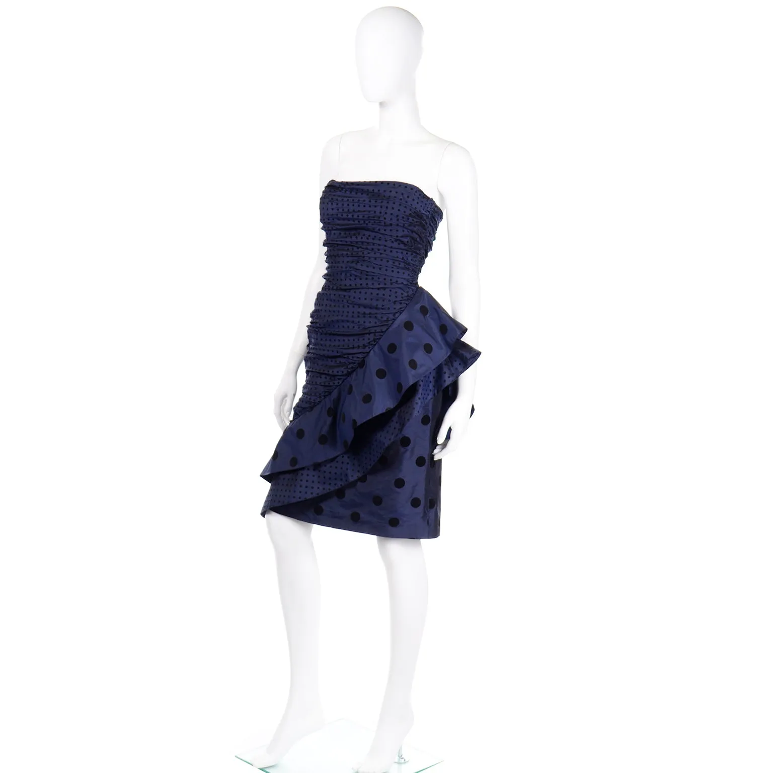 1980s Louis Feraud Blue Polka Dot Strapless Silk Evening Dress