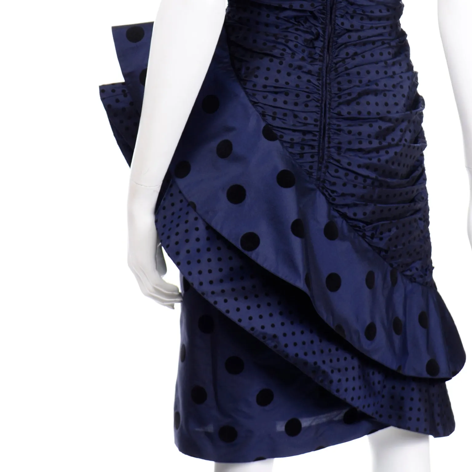 1980s Louis Feraud Blue Polka Dot Strapless Silk Evening Dress