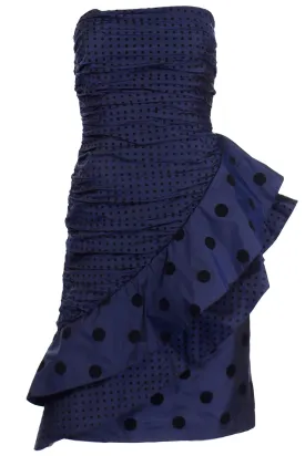 1980s Louis Feraud Blue Polka Dot Strapless Silk Evening Dress
