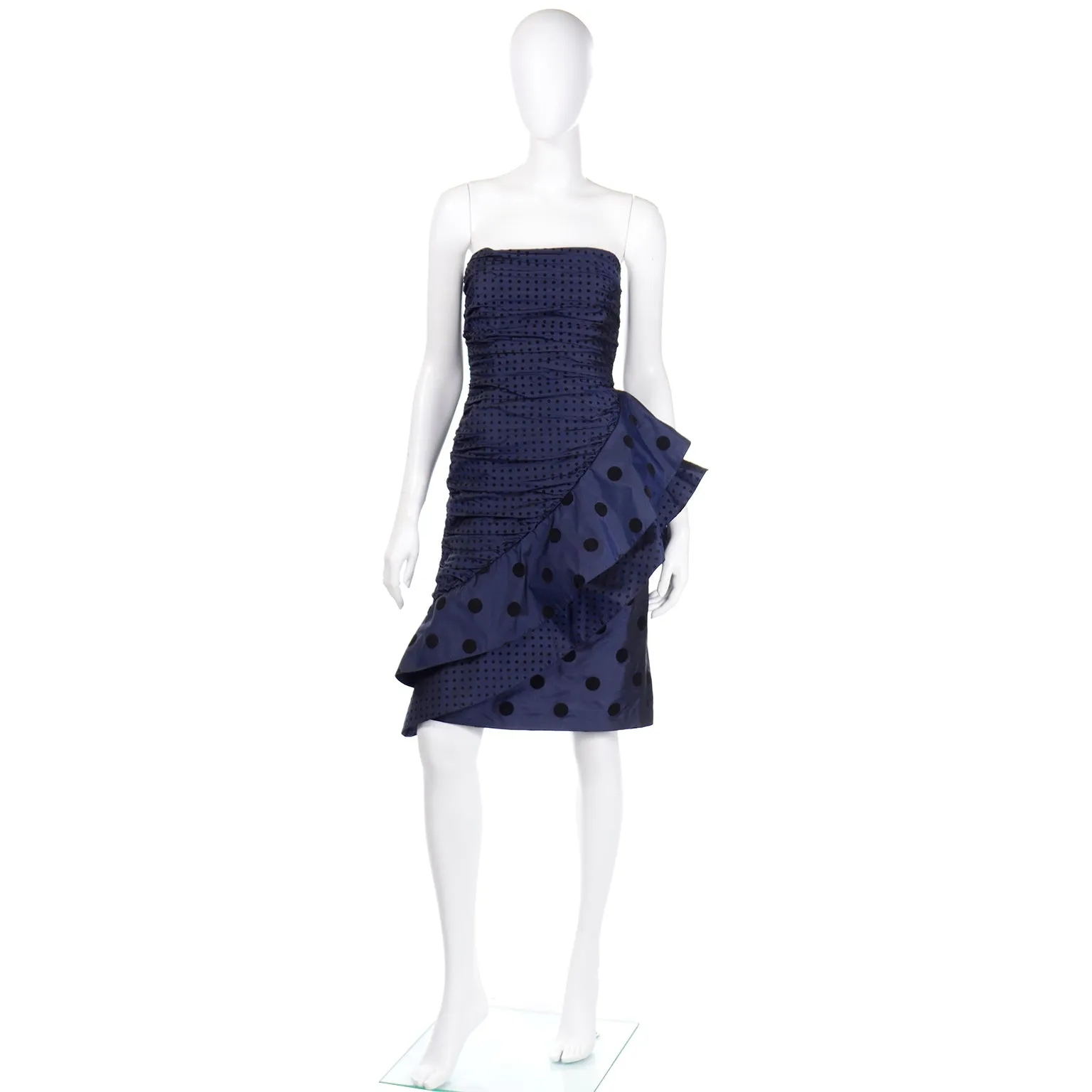1980s Louis Feraud Blue Polka Dot Strapless Silk Evening Dress