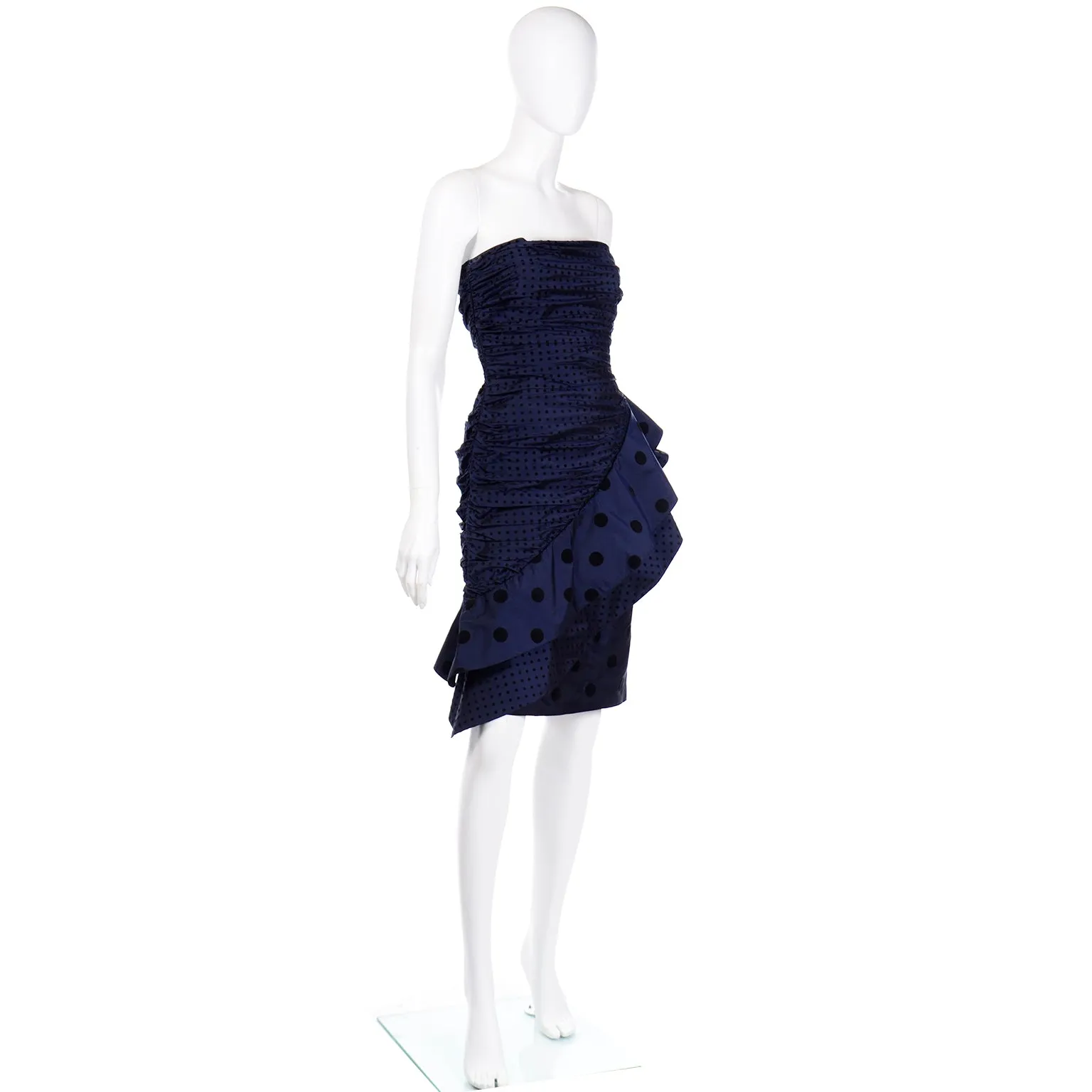 1980s Louis Feraud Blue Polka Dot Strapless Silk Evening Dress