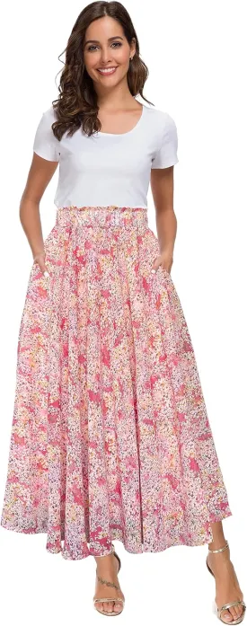Afibi Women High Waist Floral Print Swing Chiffon Beach Midi Long Skirt with Pockets