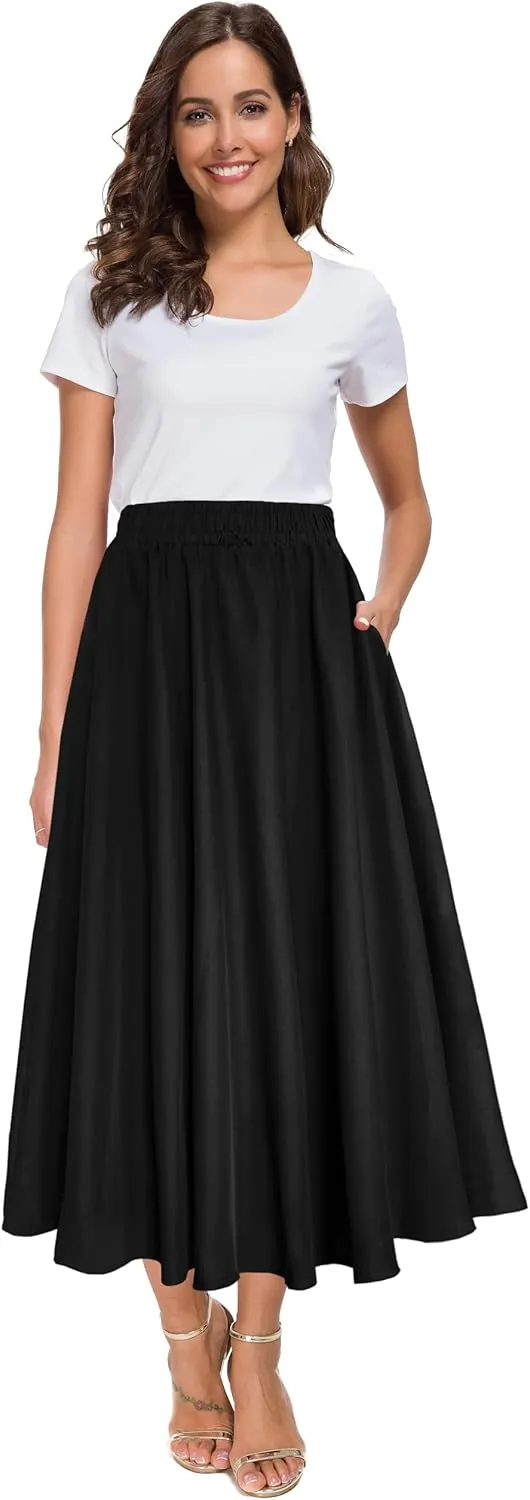 Afibi Women High Waist Floral Print Swing Chiffon Beach Midi Long Skirt with Pockets