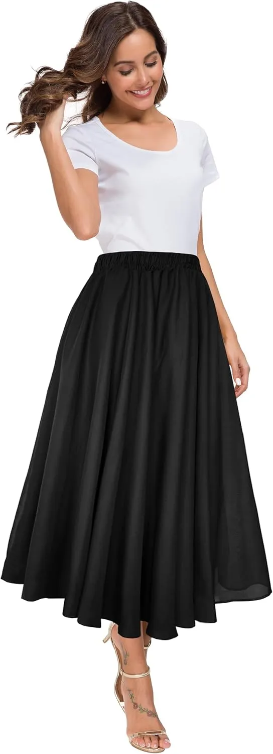 Afibi Women High Waist Floral Print Swing Chiffon Beach Midi Long Skirt with Pockets