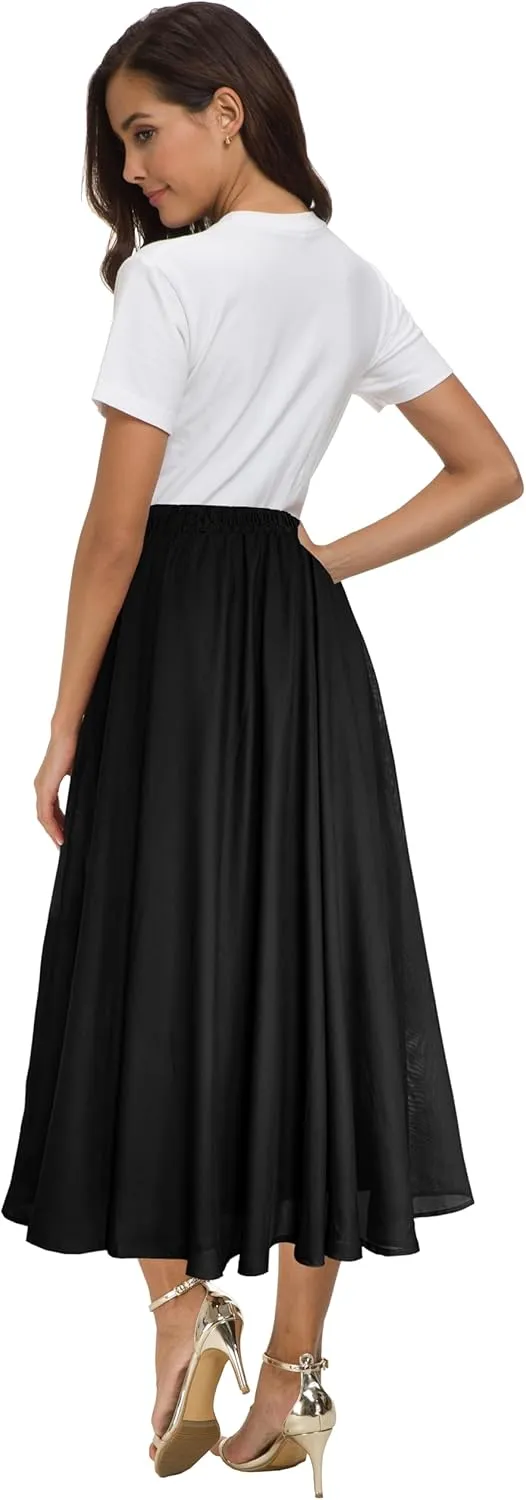 Afibi Women High Waist Floral Print Swing Chiffon Beach Midi Long Skirt with Pockets