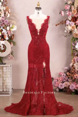Alluring Burgundy Beaded Lace Scalloped Plunging Prom Dress