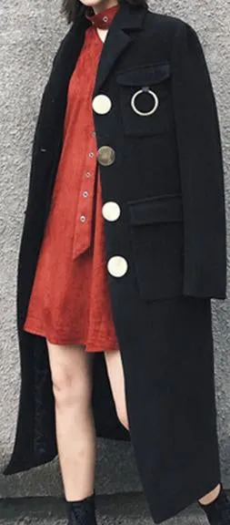 Black Single-Breasted Large Button Wool-Blend Coat