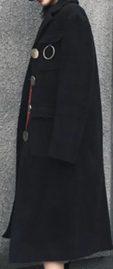 Black Single-Breasted Large Button Wool-Blend Coat