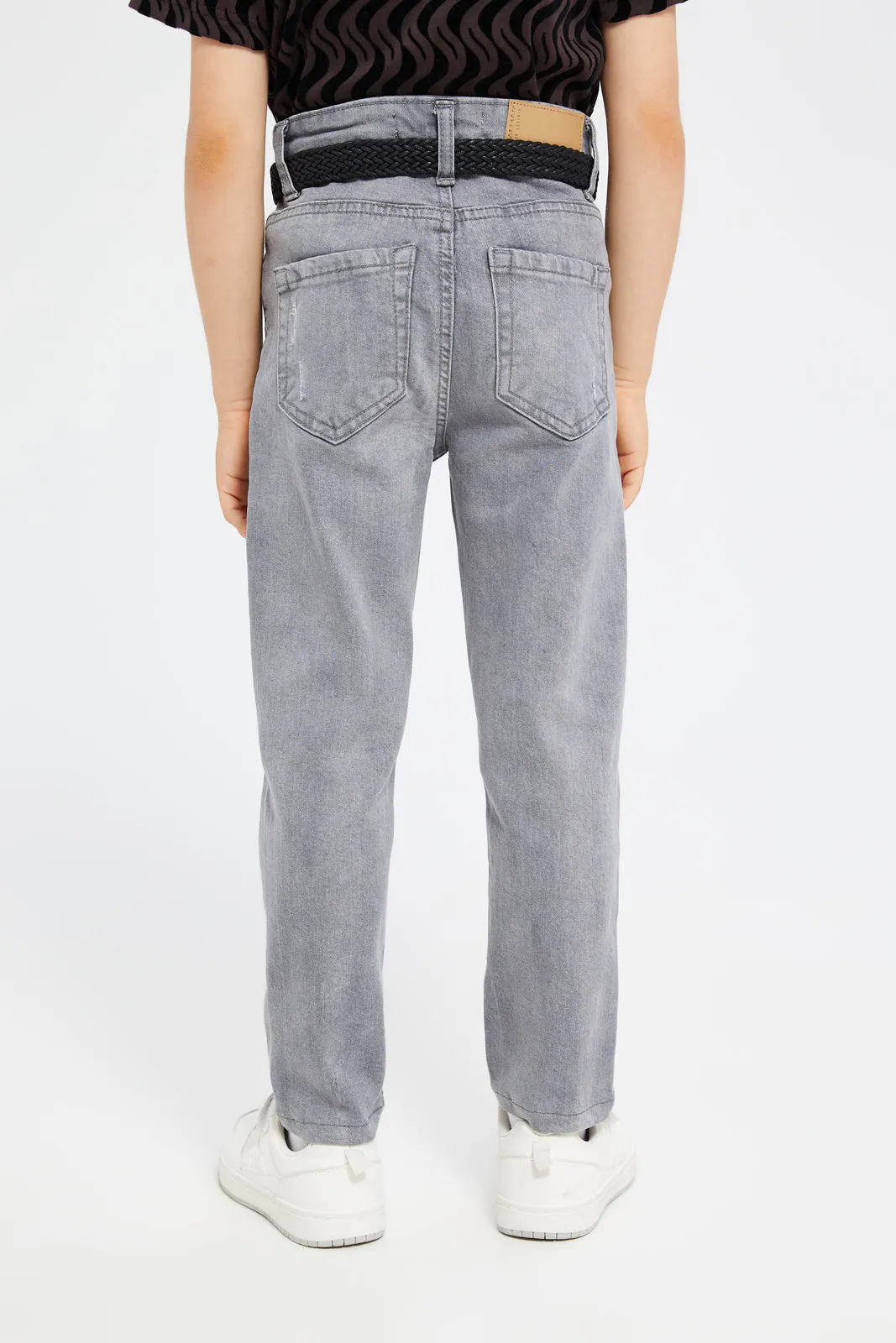 Boys Grey Belted Ripped Jeans