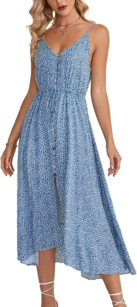 BROVAVE Women's 2025 Summer Casual Boho Sundress Polka Dot Spaghetti Strap V Neck Flowy Midi Dresses