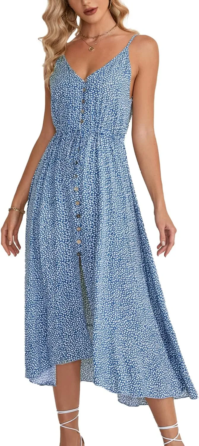 BROVAVE Women's 2025 Summer Casual Boho Sundress Polka Dot Spaghetti Strap V Neck Flowy Midi Dresses