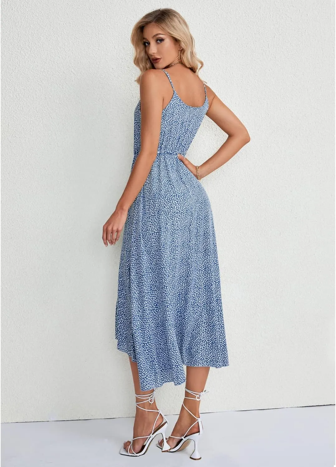 BROVAVE Women's 2025 Summer Casual Boho Sundress Polka Dot Spaghetti Strap V Neck Flowy Midi Dresses