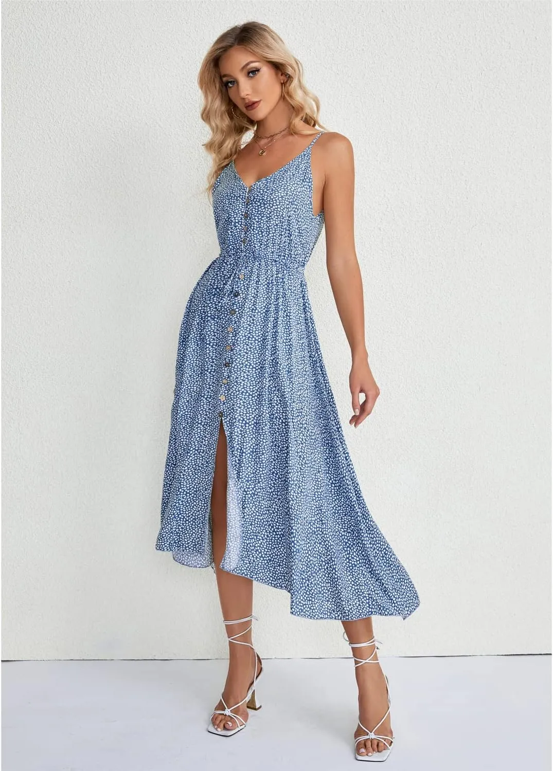 BROVAVE Women's 2025 Summer Casual Boho Sundress Polka Dot Spaghetti Strap V Neck Flowy Midi Dresses