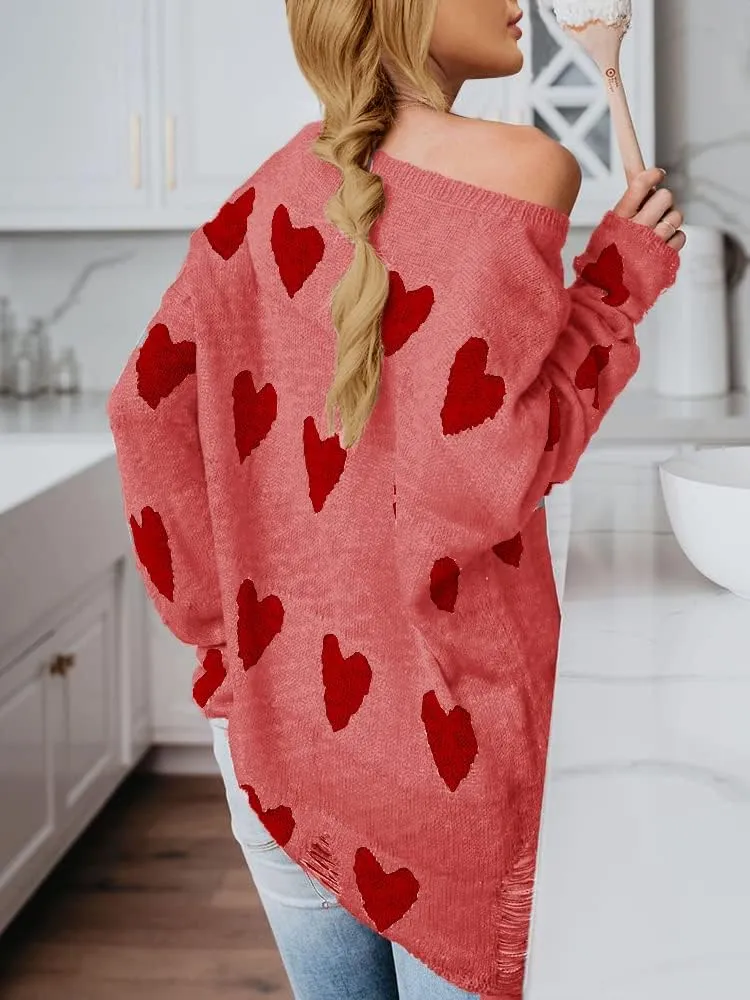 Chang Yun Women Off Shoulder Knitted Pullovers Sweater Loose Long Sleeve Hearts Printed Ripped Tops