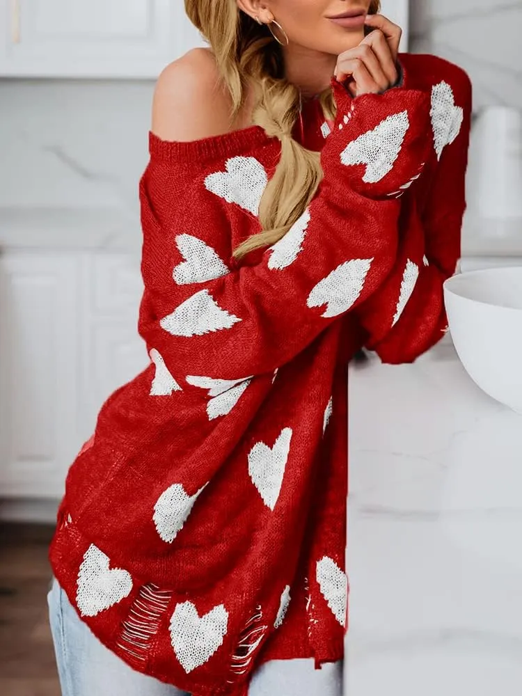 Chang Yun Women Off Shoulder Knitted Pullovers Sweater Loose Long Sleeve Hearts Printed Ripped Tops