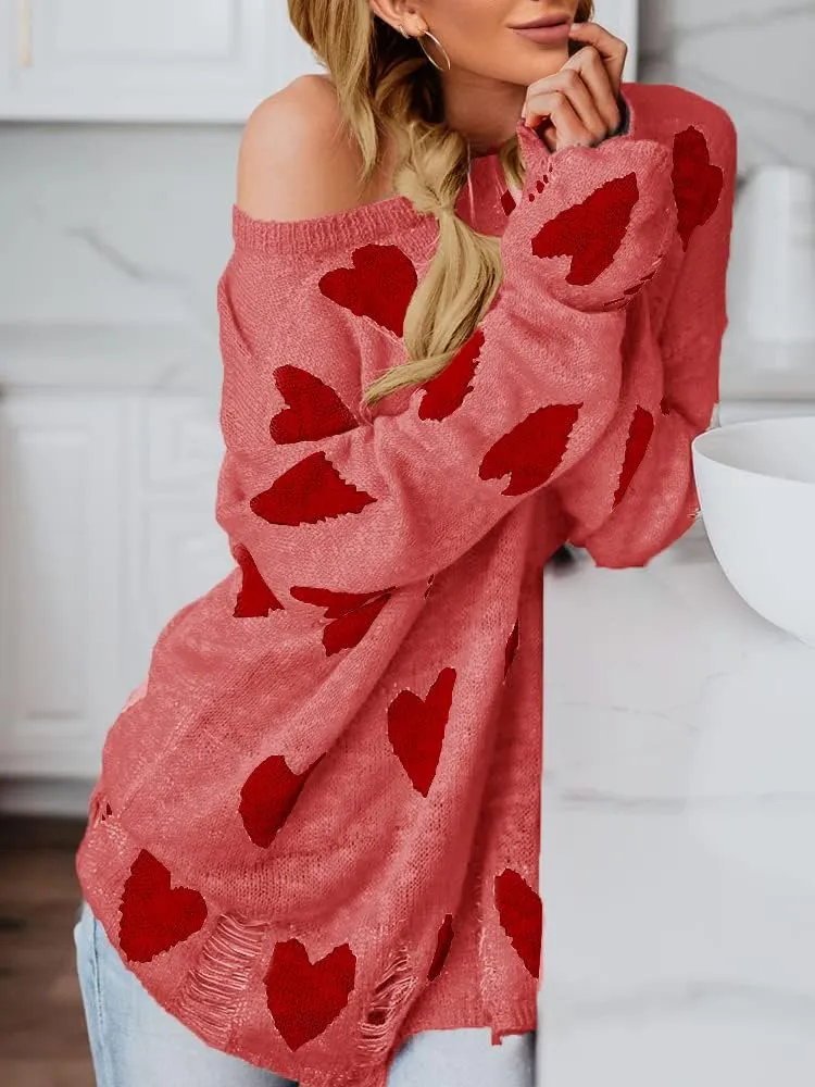 Chang Yun Women Off Shoulder Knitted Pullovers Sweater Loose Long Sleeve Hearts Printed Ripped Tops