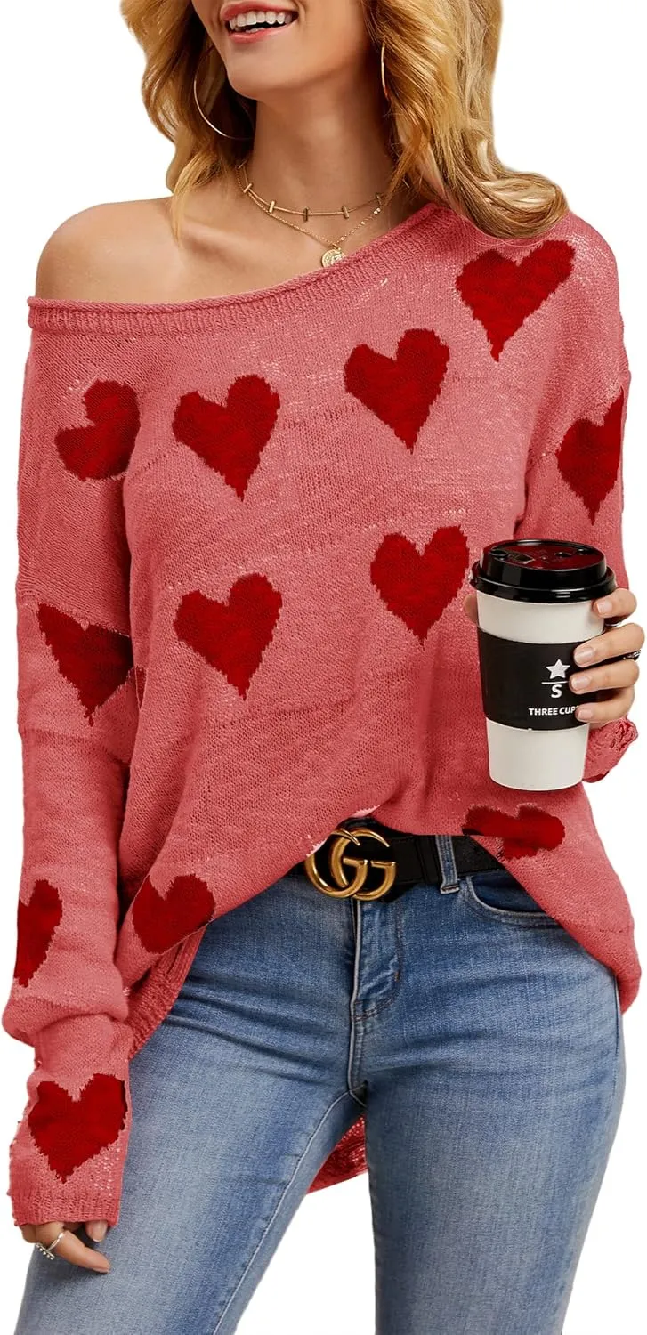 Chang Yun Women Off Shoulder Knitted Pullovers Sweater Loose Long Sleeve Hearts Printed Ripped Tops