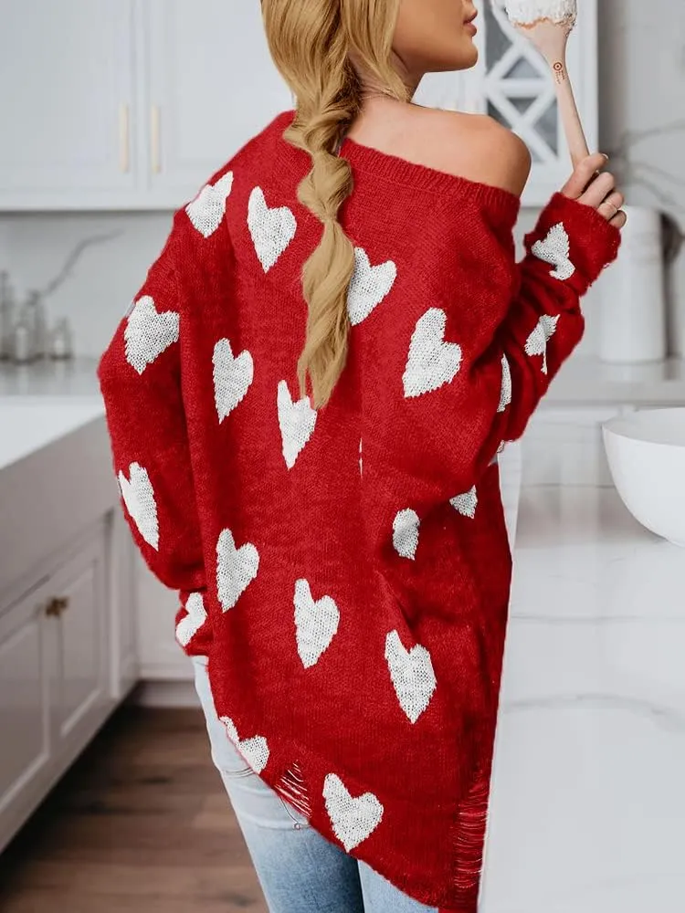 Chang Yun Women Off Shoulder Knitted Pullovers Sweater Loose Long Sleeve Hearts Printed Ripped Tops