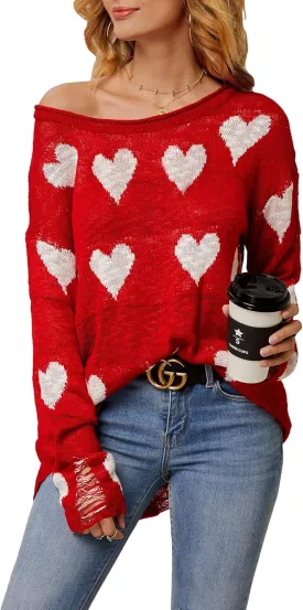 Chang Yun Women Off Shoulder Knitted Pullovers Sweater Loose Long Sleeve Hearts Printed Ripped Tops