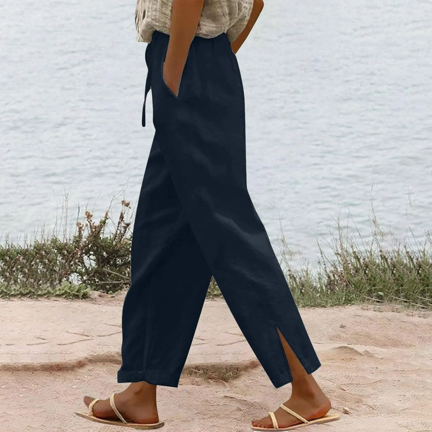 Cotton Linen Pants for Women 2025 Summer Gauze Drawstring High Waisted Wide Leg Trousers Beach Vacation Clothes