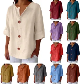 Cotton Linen Shirts for Women Gauze Boho Button Down 3/4 Sleeve Blouses Summer Tops Loose Fit Beach Vacation Outfits