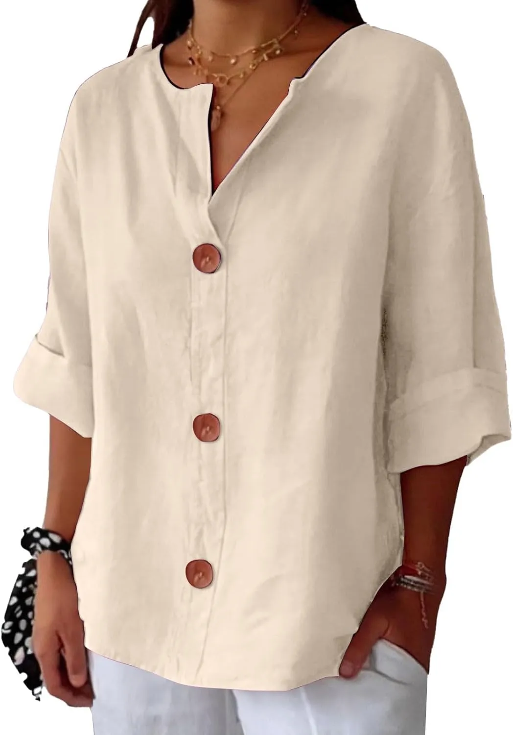 Cotton Linen Shirts for Women Gauze Boho Button Down 3/4 Sleeve Blouses Summer Tops Loose Fit Beach Vacation Outfits
