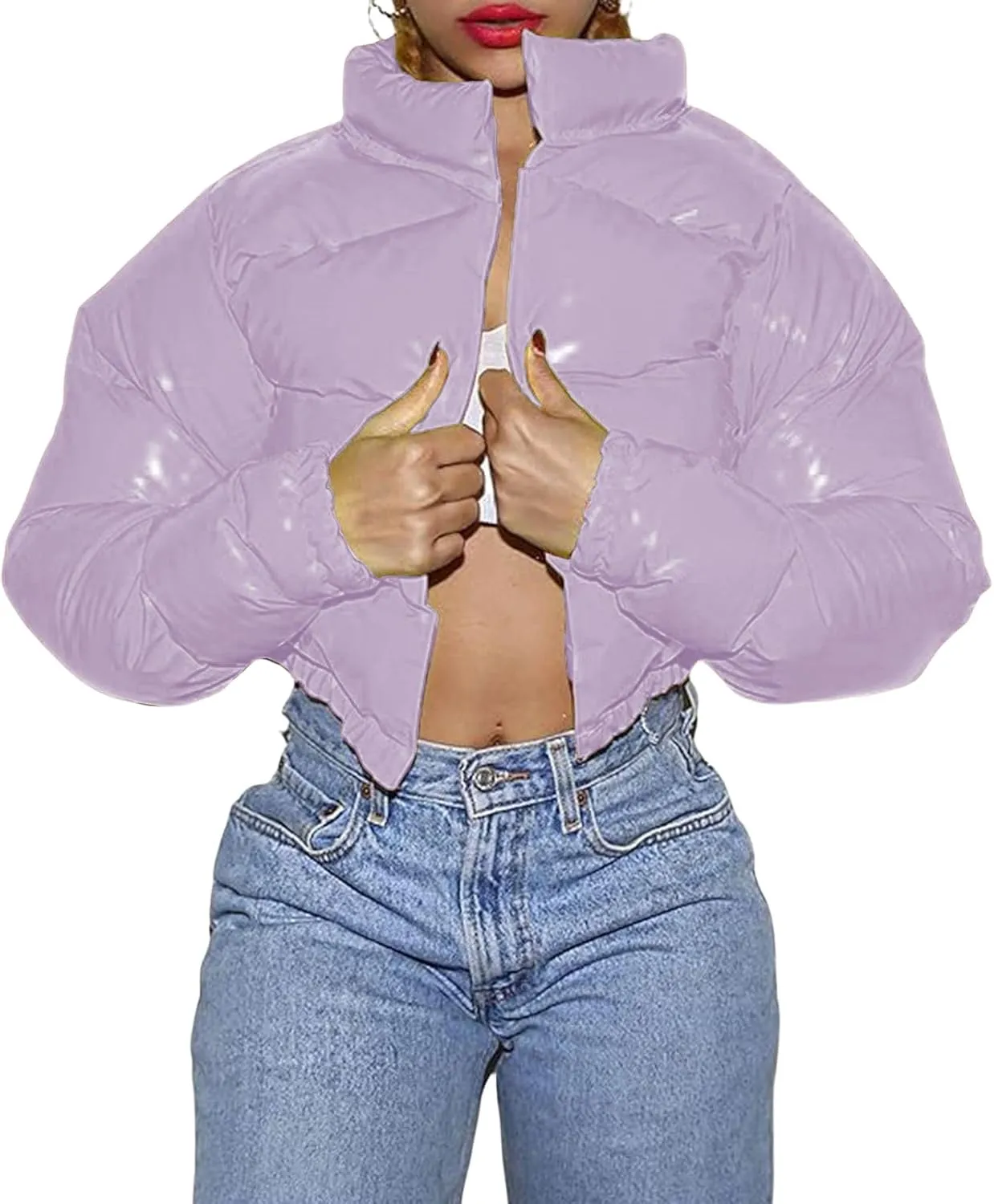 Cropped Puffer Jacket Women Winter Warm Stand Collar Slim Fit Crop Puffy Down Coat Long Sleeve Short Bubble Jackets