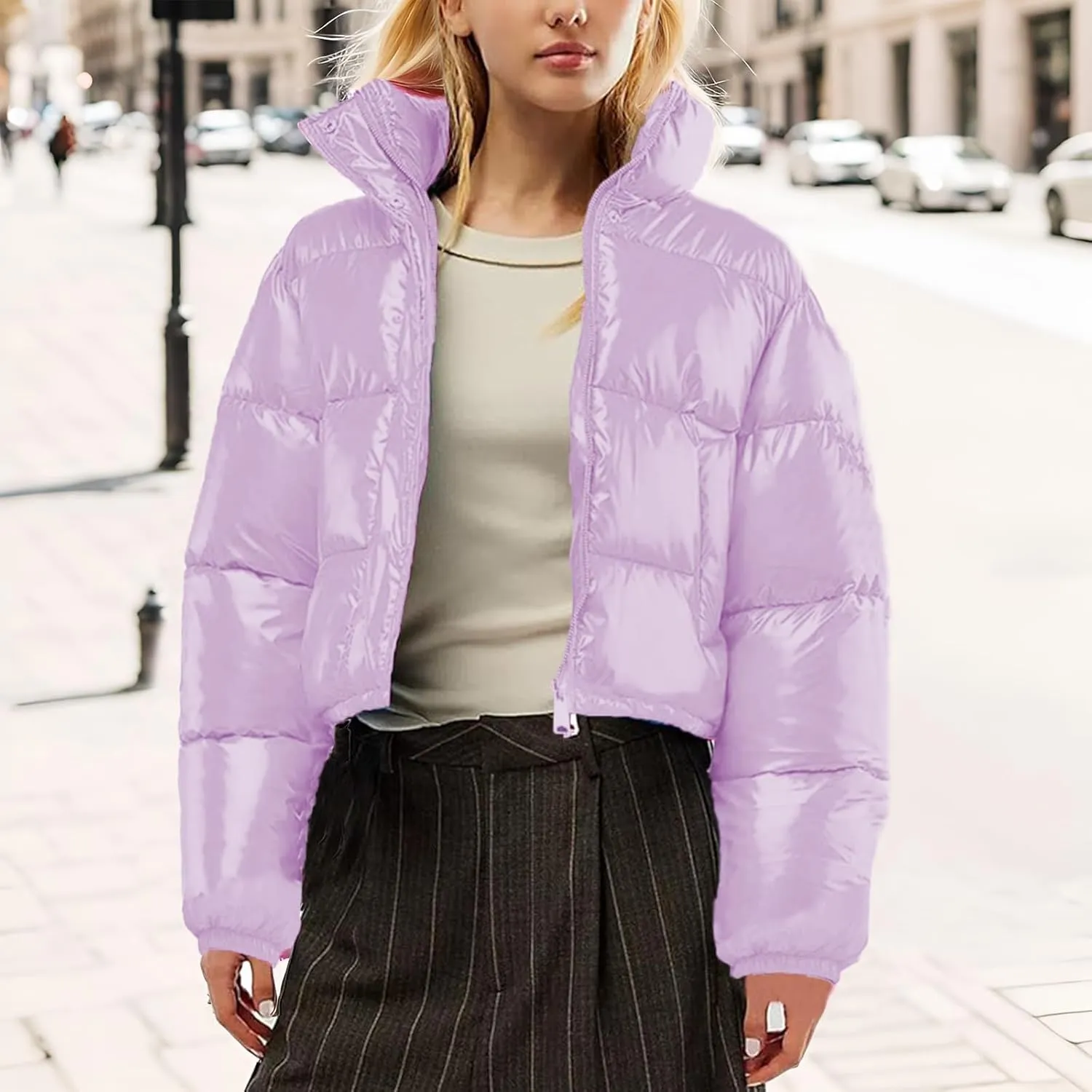 Cropped Puffer Jacket Women Winter Warm Stand Collar Slim Fit Crop Puffy Down Coat Long Sleeve Short Bubble Jackets