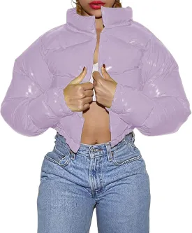 Cropped Puffer Jacket Women Winter Warm Stand Collar Slim Fit Crop Puffy Down Coat Long Sleeve Short Bubble Jackets