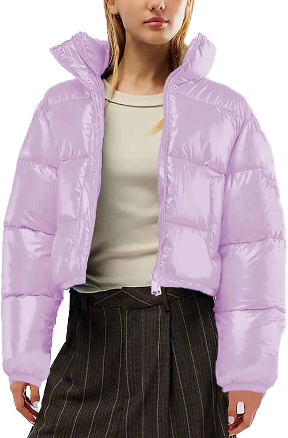 Cropped Puffer Jacket Women Winter Warm Stand Collar Slim Fit Crop Puffy Down Coat Long Sleeve Short Bubble Jackets