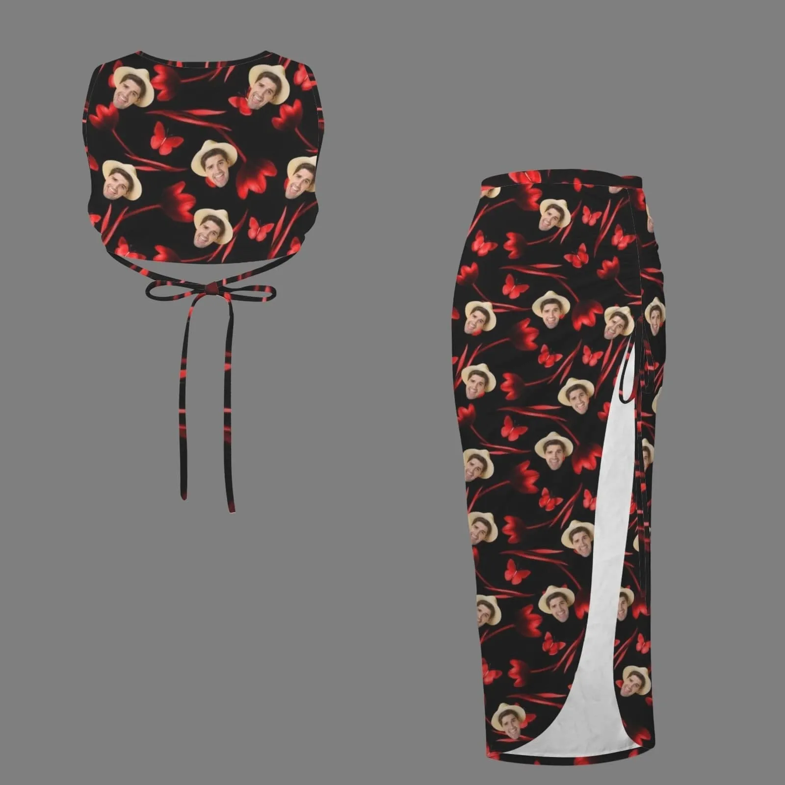 Custom Face Butterfly Beach Outfits Dress Personalized Women's Sleeveless Backless Crop Top & Side Slit Drawstring Skirt Set