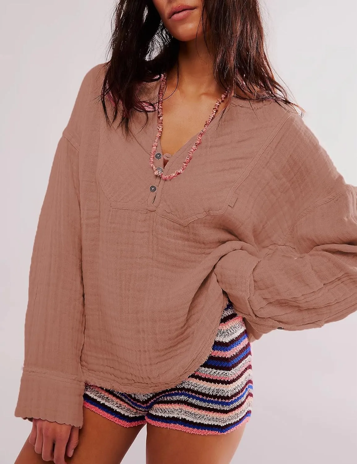 D-Sun Women's Long Sleeves Shirt V Neck Button Up Blouse Top Oversized Cotton Raw Edge Casual Gauze Shirt