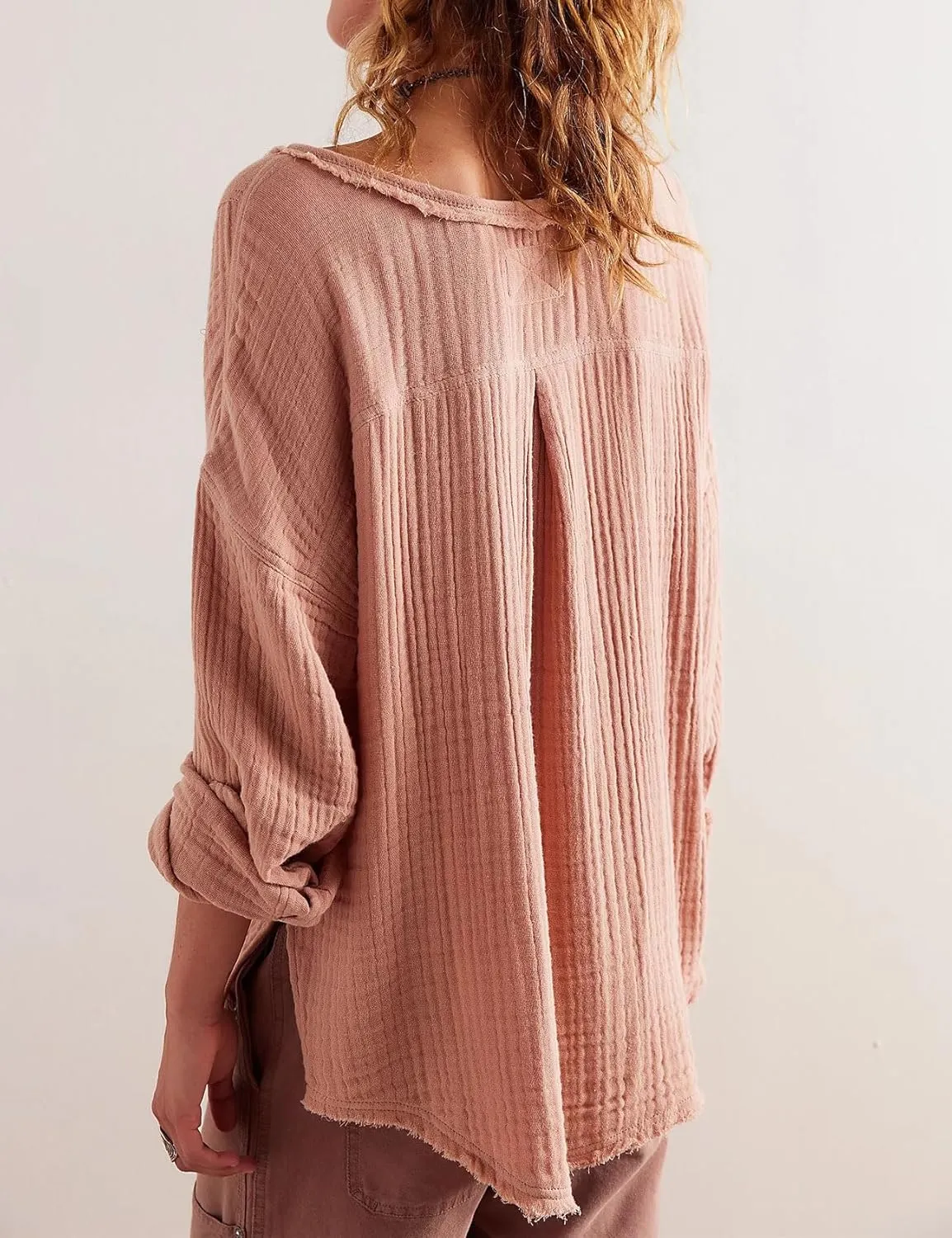 D-Sun Women's Long Sleeves Shirt V Neck Button Up Blouse Top Oversized Cotton Raw Edge Casual Gauze Shirt