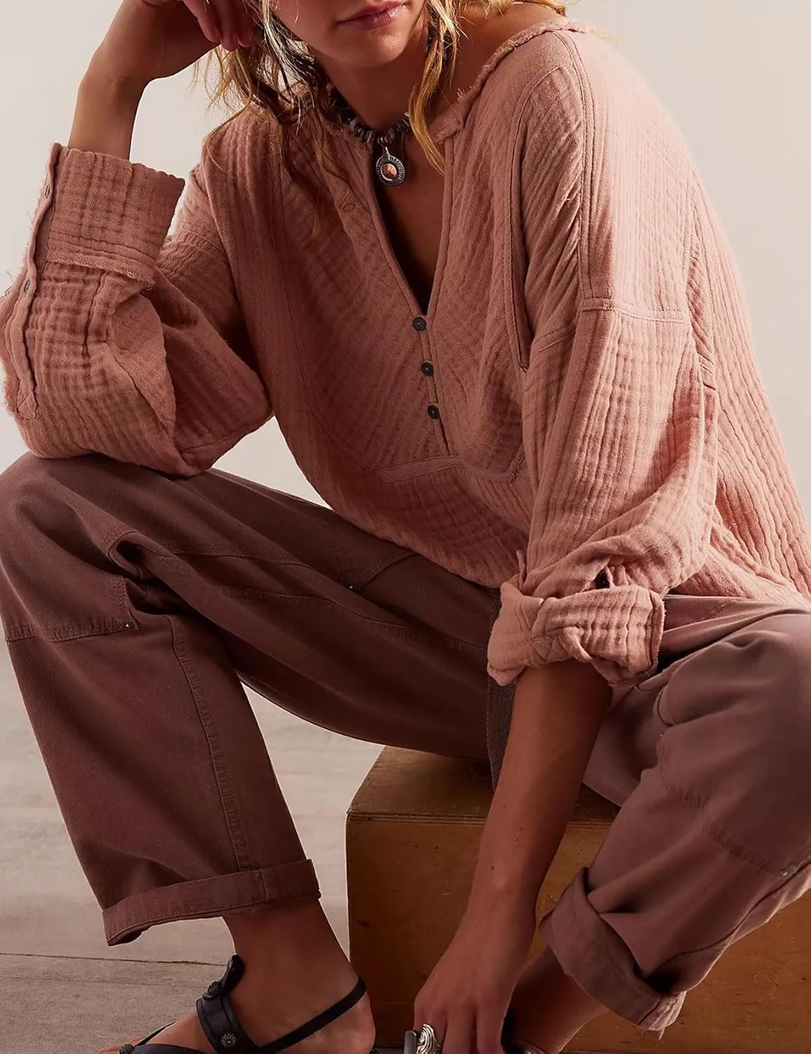 D-Sun Women's Long Sleeves Shirt V Neck Button Up Blouse Top Oversized Cotton Raw Edge Casual Gauze Shirt