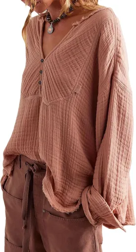 D-Sun Women's Long Sleeves Shirt V Neck Button Up Blouse Top Oversized Cotton Raw Edge Casual Gauze Shirt