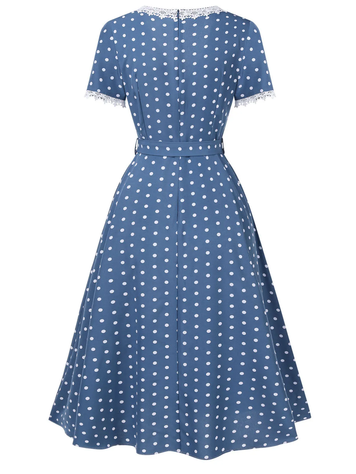 Dark Blue 1930s V-Neck Polka Dots Belted Dress