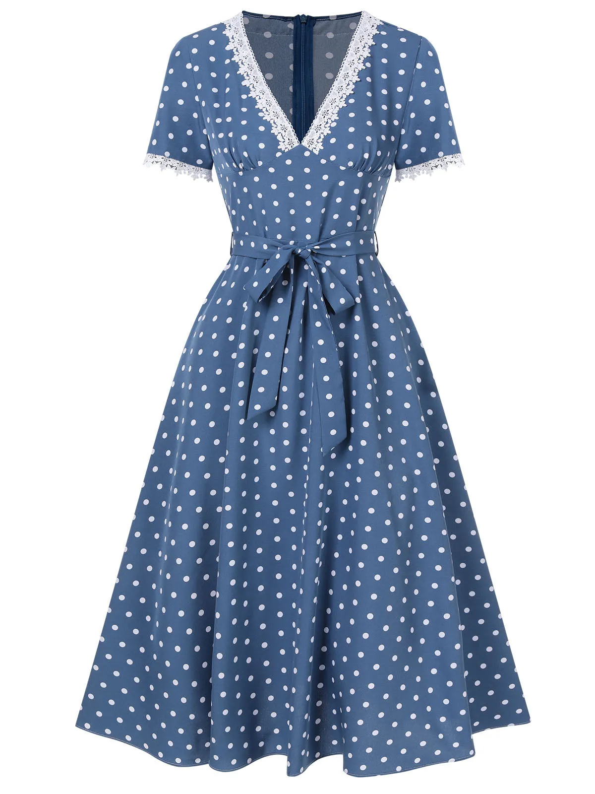 Dark Blue 1930s V-Neck Polka Dots Belted Dress