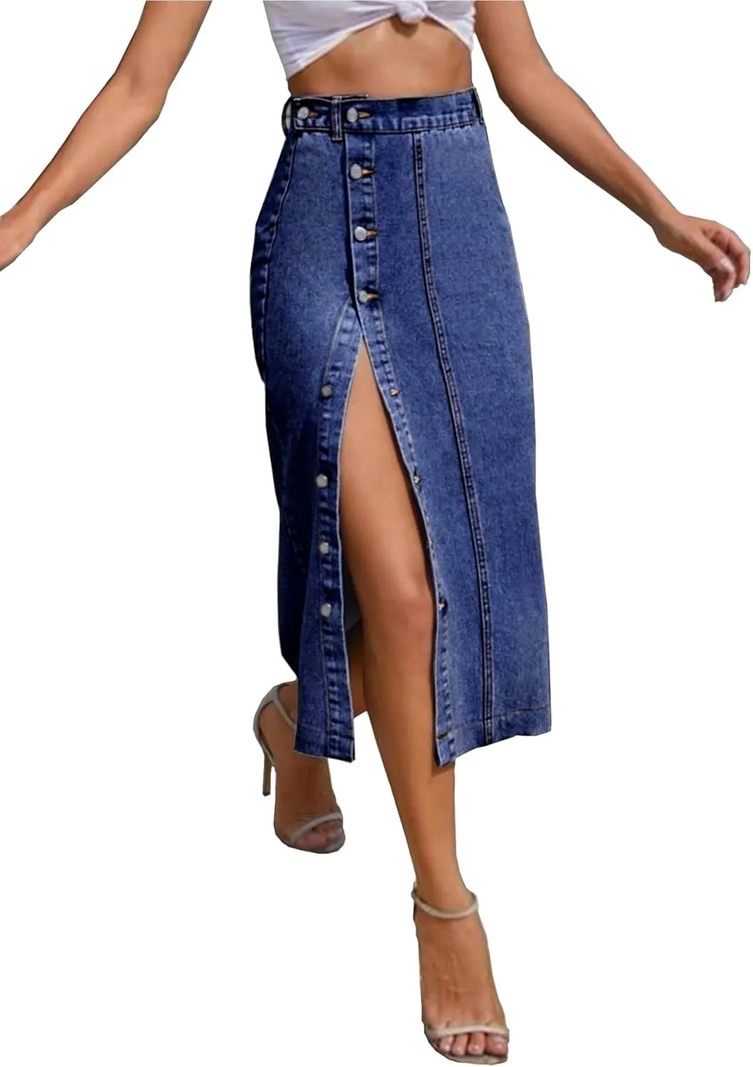 Denim Skirt with Slit, Women's Casual High Waist Split Midi Jean Skirts, Slim Fit Pencil Skirt