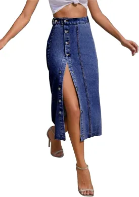 Denim Skirt with Slit, Women's Casual High Waist Split Midi Jean Skirts, Slim Fit Pencil Skirt