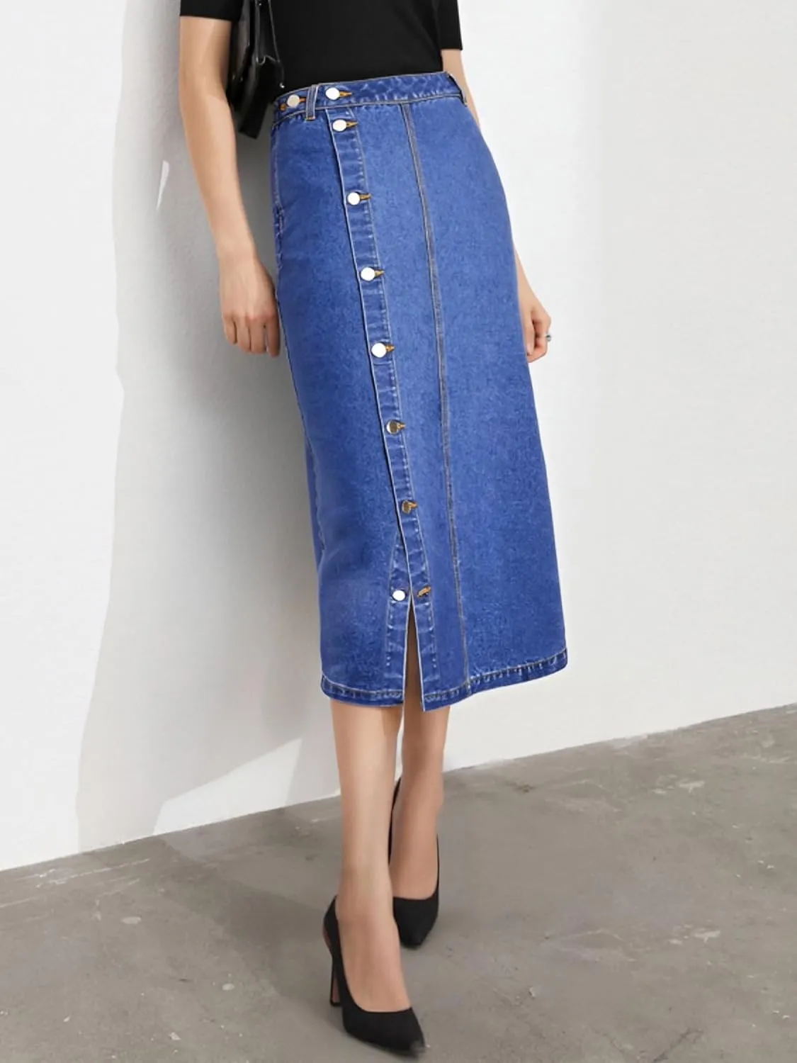 Denim Skirt with Slit, Women's Casual High Waist Split Midi Jean Skirts, Slim Fit Pencil Skirt