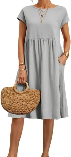 Dresses for Women 2024 Summer Cotton Linen Solid Gauze Dress Loose Casual Beach Vacation Flowy Midi Dress with Pockets