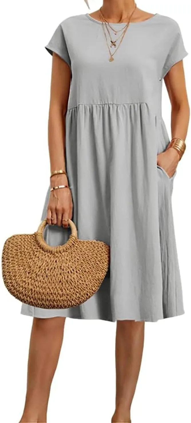 Dresses for Women 2024 Summer Cotton Linen Solid Gauze Dress Loose Casual Beach Vacation Flowy Midi Dress with Pockets