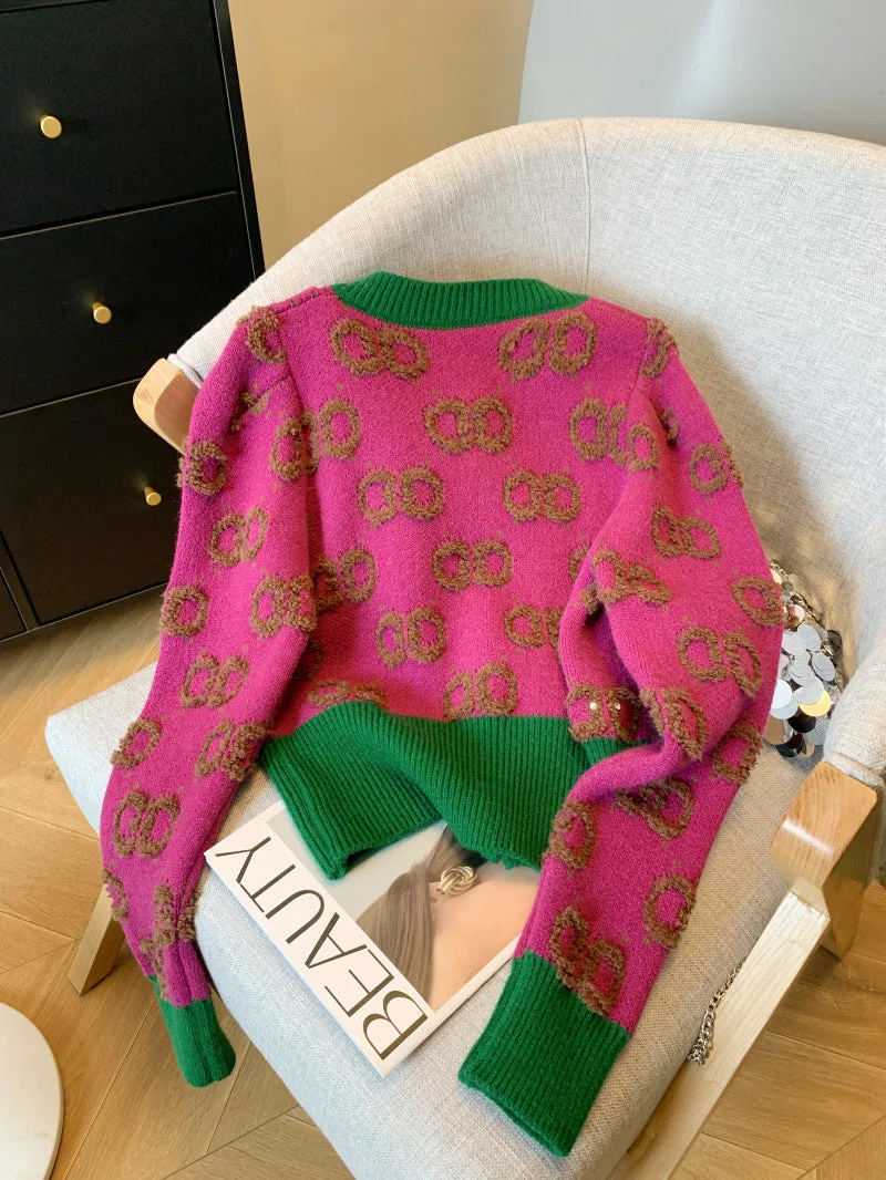Emerald Accents Vibrant Magenta Floral Knitwear