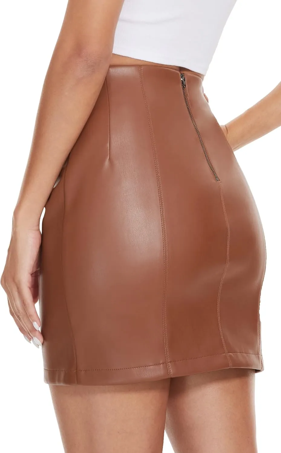Fahsyee Women's Faux Leather Skirt, Hip High Waisted Stretchy Zipper Mini A-Line Pencil Short Plus Size S-XXL
