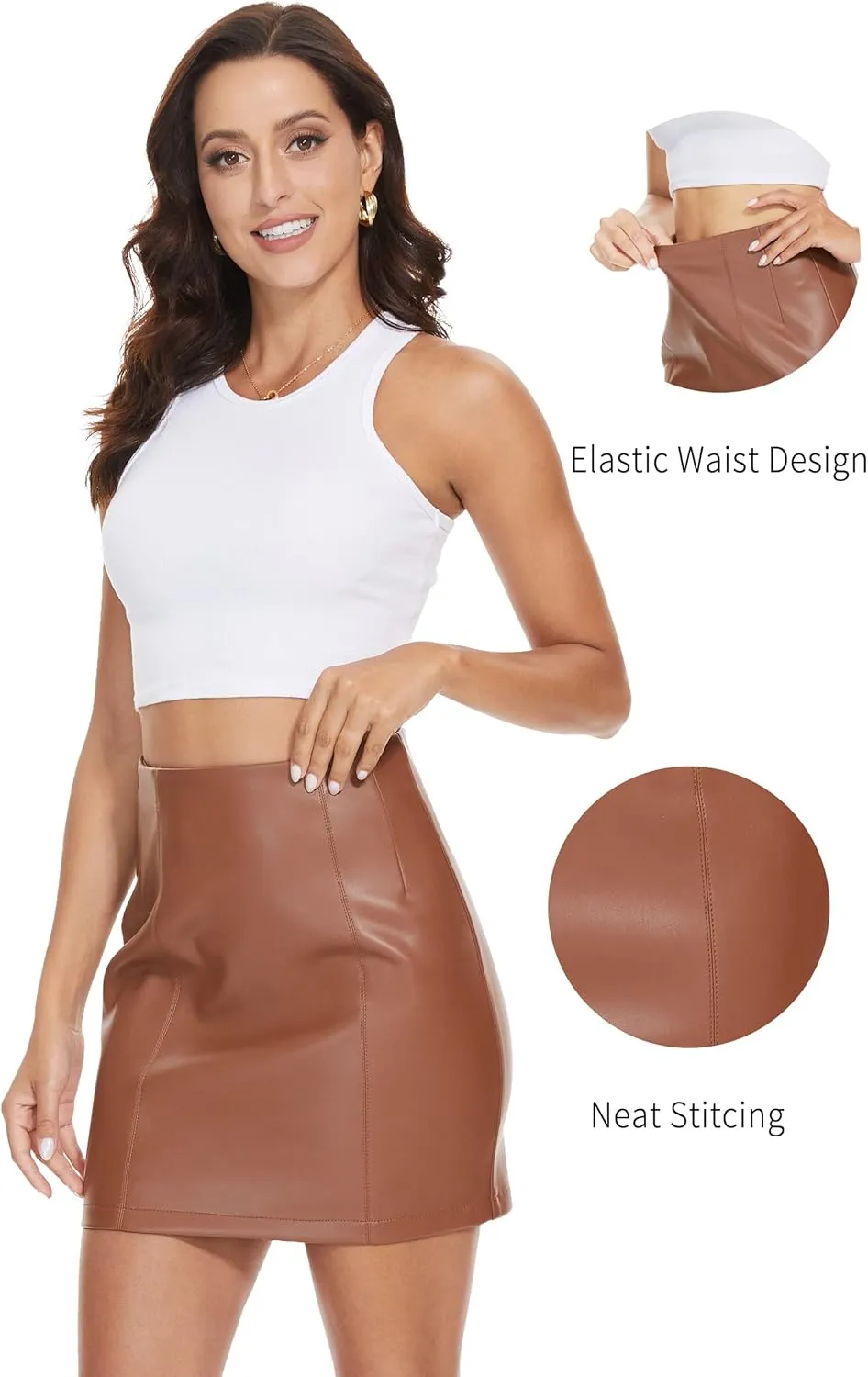 Fahsyee Women's Faux Leather Skirt, Hip High Waisted Stretchy Zipper Mini A-Line Pencil Short Plus Size S-XXL